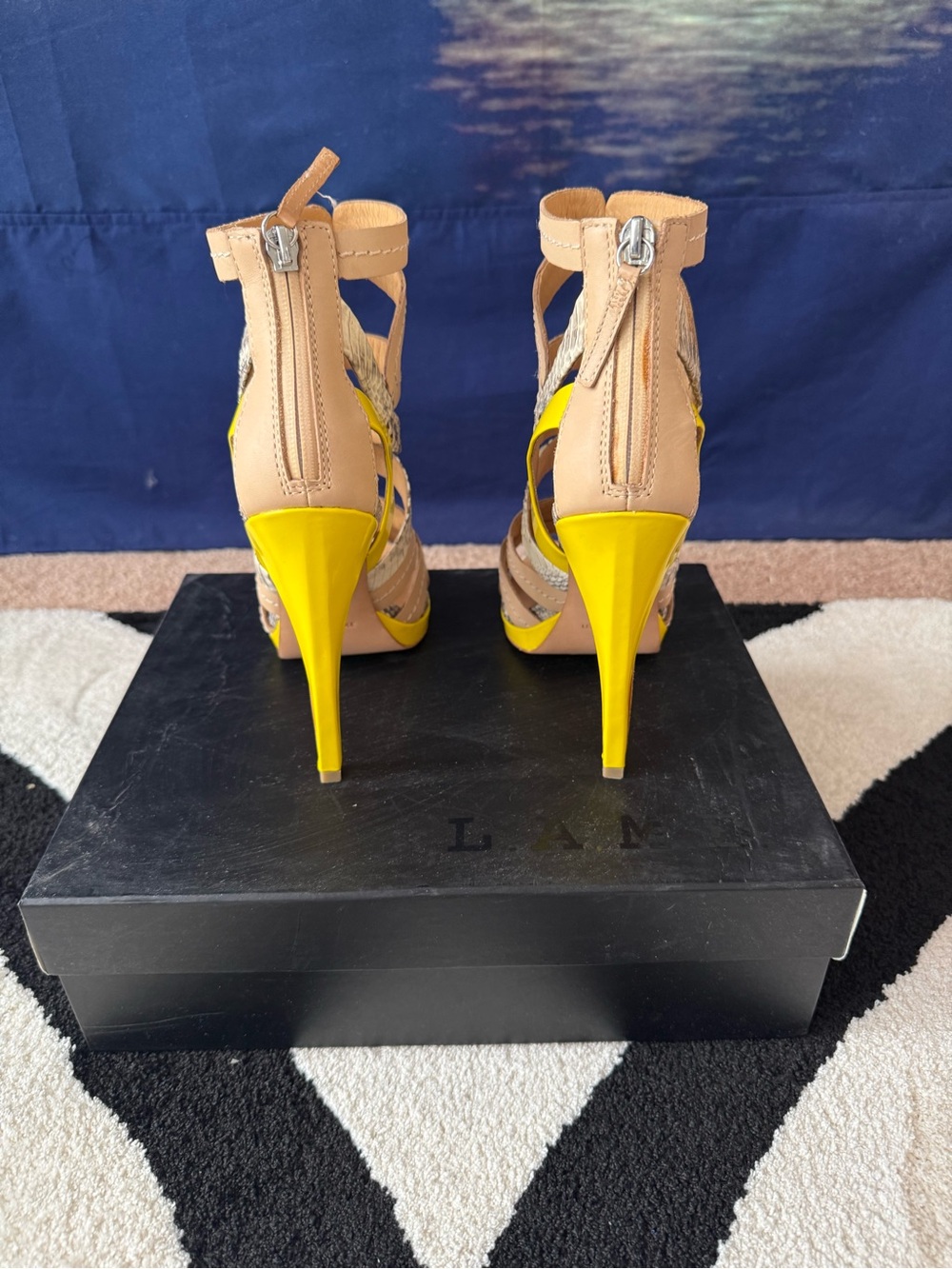L.A.M.B. Beige Strappy Pointed-Toe High-Heel Sandals with Snakeskin Accent - Picture 5 of 5